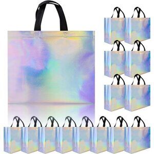 Glossy Iridescent Gift Bags 15 Pcs, 12.6x4.7x11 In Non-woven Reusable Goodie Bag